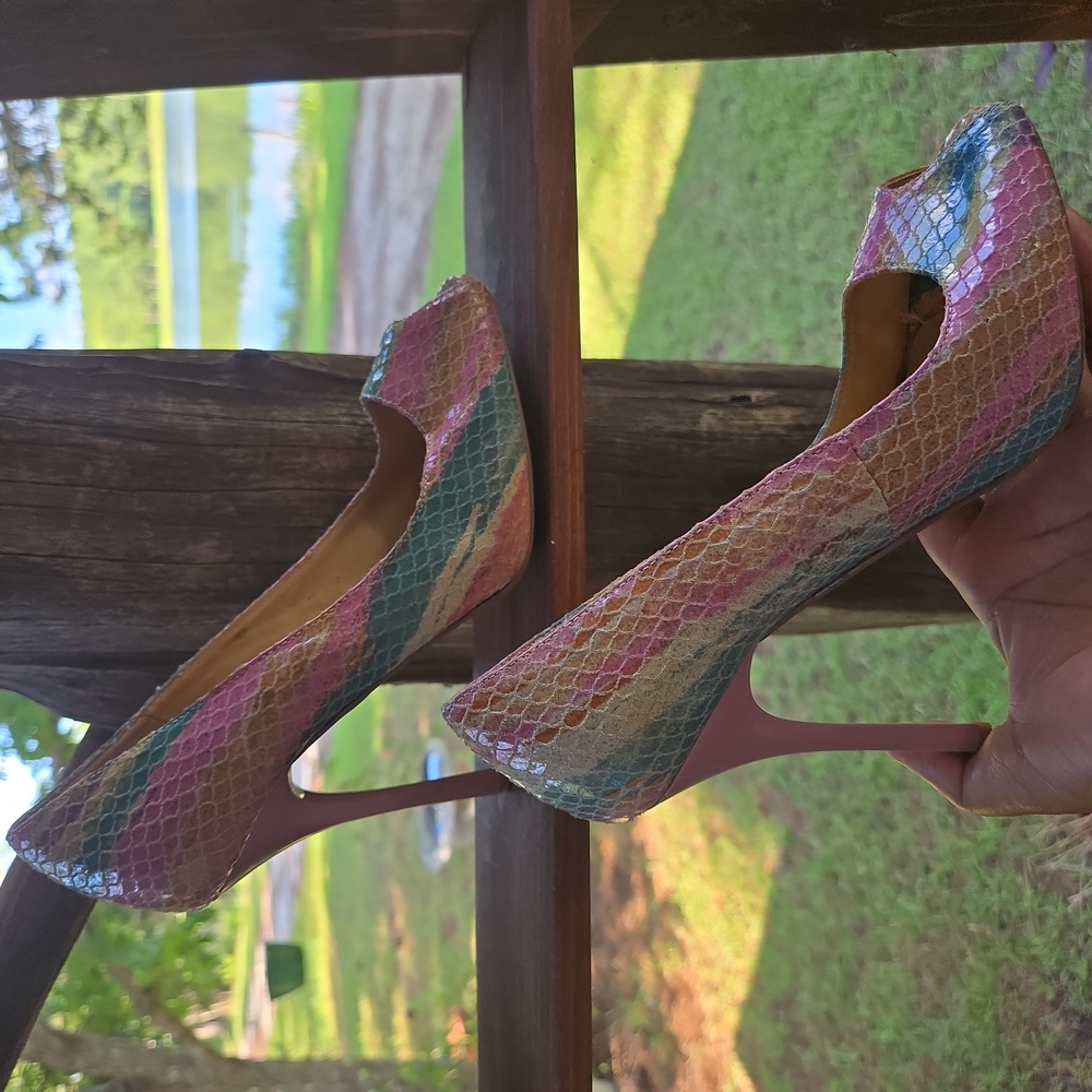 Baker's Princess Pastel Pink And Blue Snakeskin Leather Peep Toe High Heel - Picture 3 of 13